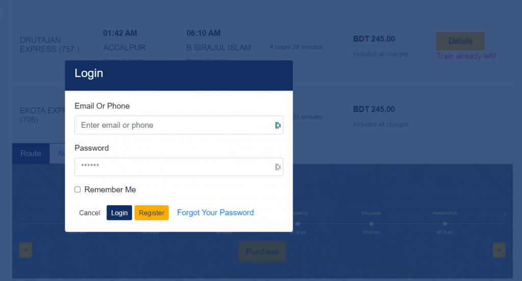 Train ticket booking login Pop Up